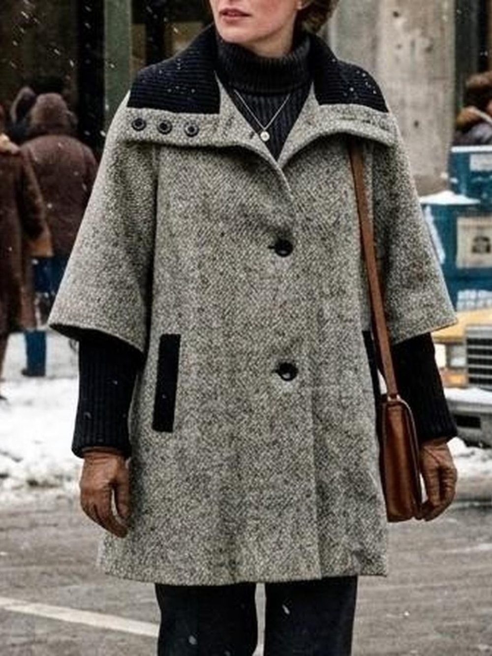 Wool-Blend Gray Cape Coat with Black Trim